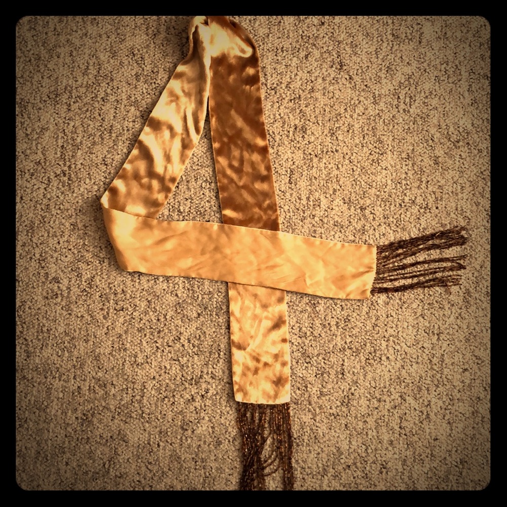 Yellow Brown Velvet Accent Scarf with bead fringe